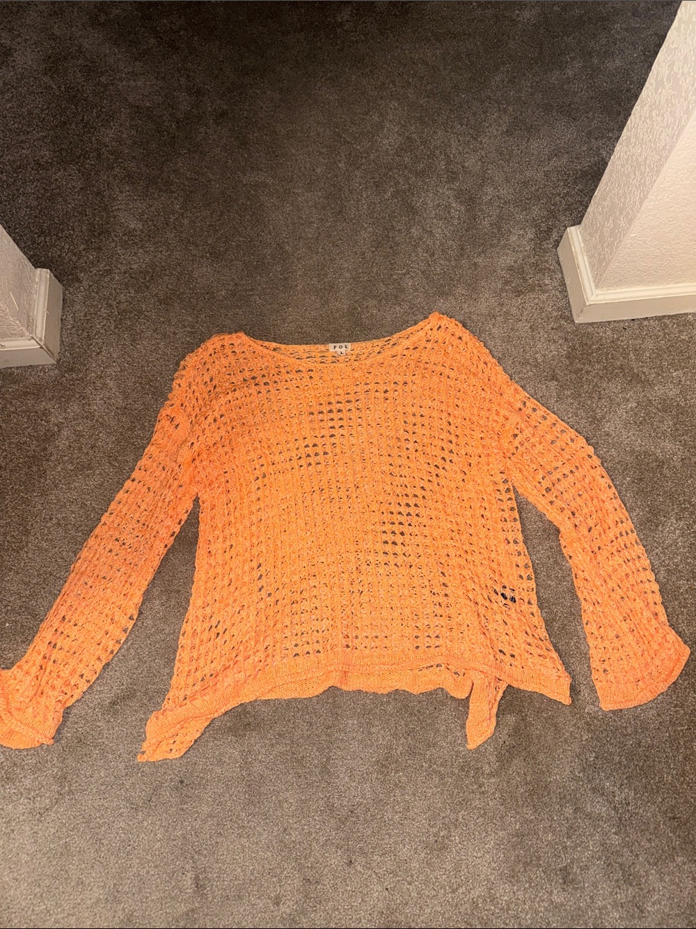 POL Orange Crochet Open-Weave Crewneck Sweater